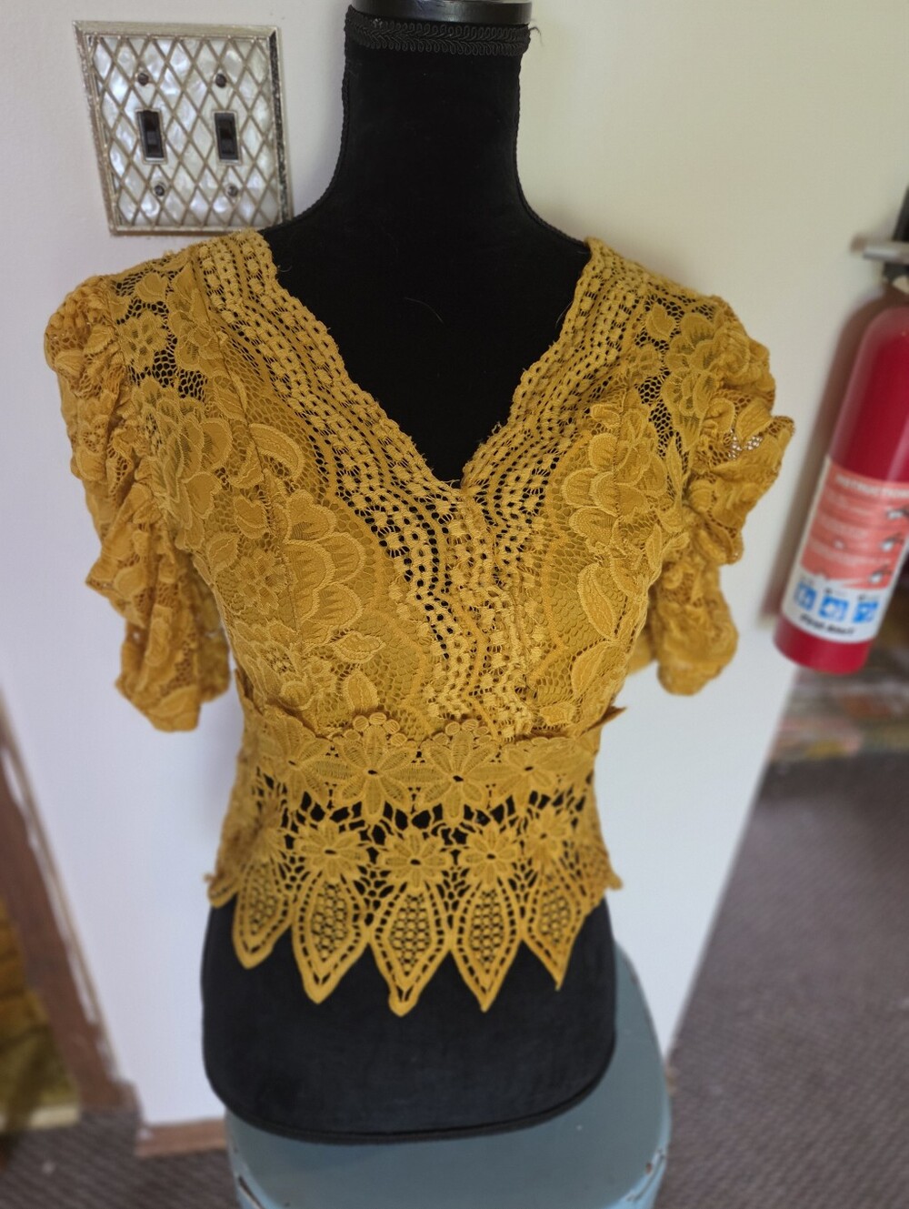 Demma Boho Mustard Yellow Guipure Lace Top | Ruched Puff Sleeve Blouse